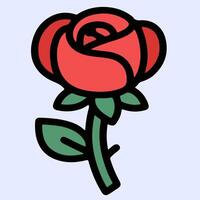 Bold Line Art Red Rose with Green Stem and Leaves. vector