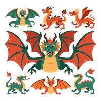 Colorful Cartoon Dragons with Wings Horns and Spikes in Various Poses. vector