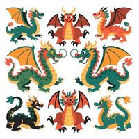 Collection of Nine Colorful Cartoon Dragons with Varied Poses and Expressions. vector