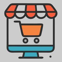 Online Shopping Icon - Stylized Computer with Awning and Shopping Cart. vector