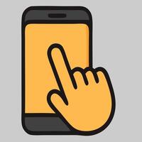 Stylized Smartphone with Finger Tapping on the Screen Featuring Bold Black Outlines. vector