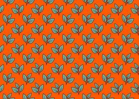 Vibrant orange background adorned with a repeating pattern of stylized teal leaves. This cheerful, seamless design evokes feelings of nature, growth, and spring. vector