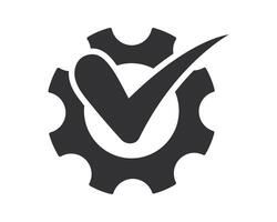 Gear icon with check mark, signifying approved process, success, or confirmation. Perfect for engineering, IT, and compliance themes. Clean modern design. vector