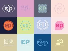 EP logo template. Letter e and p logotype. Set different classic serif lettering and modern bold text with design elements. Initial font typography. vector