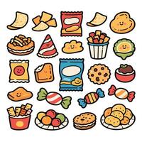 Whimsical Assortment of Cartoon Snacks and Treats with Smiling Faces. vector