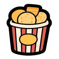 Cartoon Bucket Overflowing with Golden Fried Chicken Nuggets and a Single Strip. vector