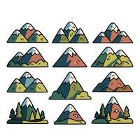 Nine uniquely colored mountain range illustrations with snow-capped peaks and stylized trees. vector
