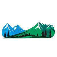 Stylized Mountain Range with Trees and Snow-Capped Peaks in a Graphic Design. vector