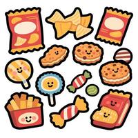 Cartoon Snacks - Chips Cookies Candy and Fries with Smiling Faces. vector