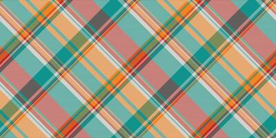 Vibrant, textured plaid pattern with intersecting stripes in turquoise, orange, and peach hues. Versatile background for fabric, design, or abstract concepts. vector