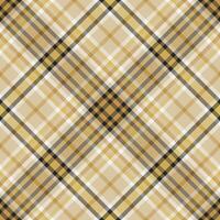 Elegant seamless plaid pattern. Warm gold, beige, white, and black colors interweave, creating a timeless, cozy texture. Ideal for backgrounds, apparel, and designs. vector