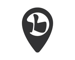 Dark grey location pointer with a thumbsup gesture inside, against a white backdrop. Simple, modern icon for feedback, satisfaction, approval, and geospatial technology concepts. vector