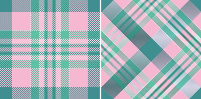 Two seamless pastel pink teal plaid patterns. Perfect for textile design, wallpaper, fashion, or website backgrounds. Offers a fresh, modern take on classic plaid.