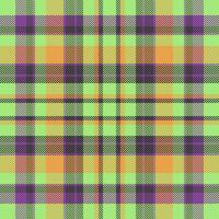 Vibrant lime green, orange, and purple plaid pattern. Perfect for textile design, website backgrounds, or fashion projects. This cheerful, repetitive texture offers a modern and stylish aesthetic. vector