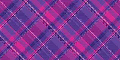 Vibrant purple pink plaid pattern. Seamless, diagonal lines create a modern tartan design. Ideal for backgrounds, textiles, or abstract concepts. vector