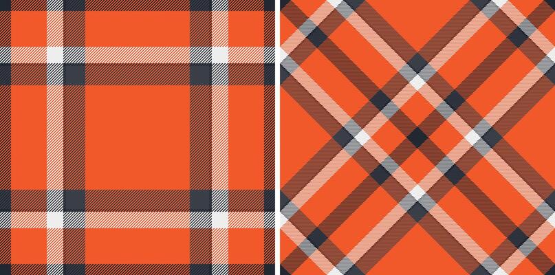 Vibrant orange plaid patterns, perfect for textile design, fashion, or seasonal projects. Two distinct styles offer versatile options for backgrounds, apparel, or website themes.