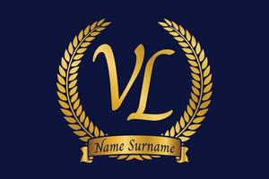 Initial letter V and L, VL monogram logo design with laurel wreath. Luxury golden calligraphy font. vector