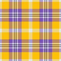 Vibrant plaid pattern featuring bold yellow, muted purple, tan and light grey hues. Ideal for textiles, backgrounds, or creative design projects. Versatile and eyecatching. vector