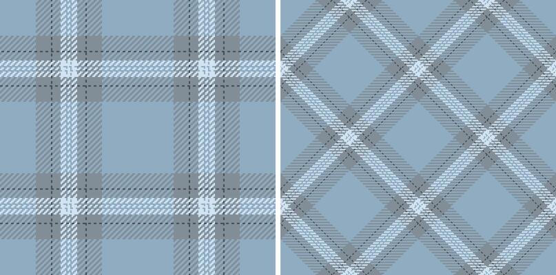 Elegant duo of seamless pastel blue plaid patterns. Classic modern textile designs ideal for fashion, home decor, web backgrounds. Versatile textures evoke feelings of comfort and sophistication.