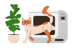 Cat comes out of smart toilet. Enclosed automatic self cleaning cat litter box. Pet with electronic device. Flat illustration isolated on white background. vector