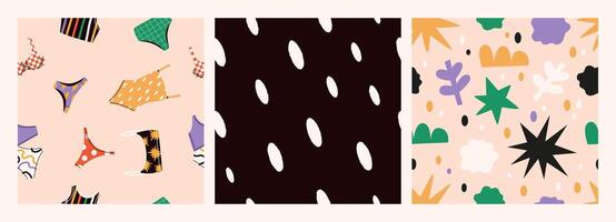 Summer seamless pattern set. Backgrounds with colorful bikini, swimsuit, abstract shapes, polka dot. Flat illustration in retro style. vector
