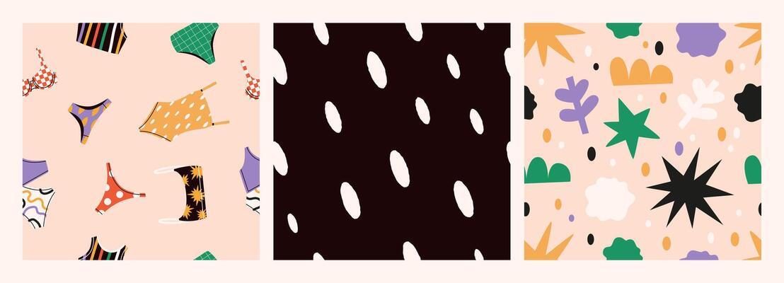 Summer seamless pattern set. Backgrounds with colorful bikini, swimsuit, abstract shapes, polka dot. Flat illustration in retro style.