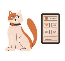 Cat in health tracker. Smart cat collar for indoor cats. Wellness alerts, real time monitoring. Flat illustration isolated on white background. vector