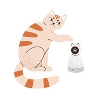 Cat plays with baby monitor. Enster indoor security WiFi camera for cat or dog. Pet electronic device. Flat illustration isolated on white background. vector