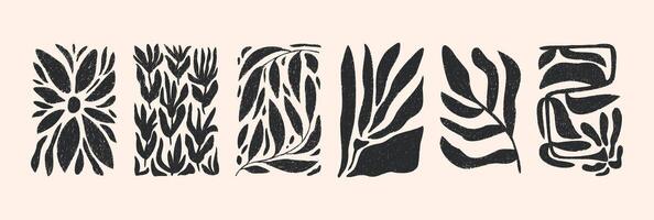 Abstract Matisse floral set. Modern botanical posters in contemporary minimal style with charcoal or pencil texture. Trendy groovy illustration in black color. vector