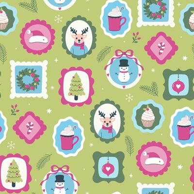 Seamless pattern with Christmas items in frames. graphics.