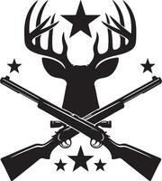 Print Hunting Rifle and Antlers Crossed with Stars Above Silhouette vector