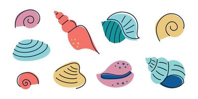 illustration set of colorful sea shells in doodle cartoon style. Marine seashell icons collection for summer decorations, beach design, ocean patterns, seaside souvenirs, childrens books vector