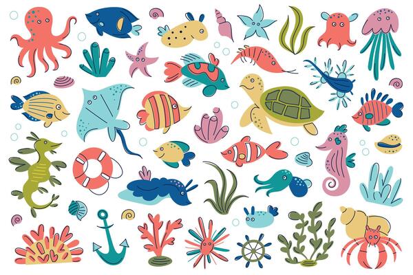 Flat cartoon illustration set of colorful sea animals and exotic marine creatures in bright kids style. Coral reef underwater world with ocean wildlife, sea plants, shells, for childrens design