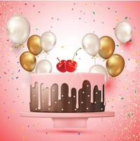 Birthday cake with balloons and confetti vector