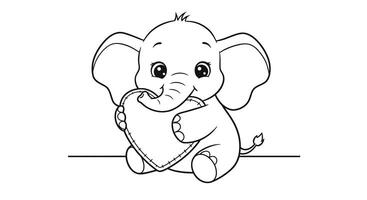 Friendly cartoon style elephant character embracing a heart pillow outline drawing great for kids to color fun vector