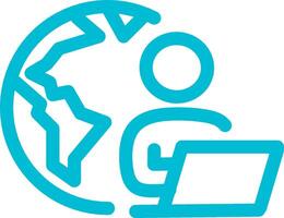 Remote work line blue color icon. Man with laptop and globe behind. Work from anywhere. Editable llustration vector