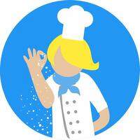 Cartoon Illustration of a chef seasoning a dish just like salted bae in circle round blue background. This image is perfect for cooking school purposes vector