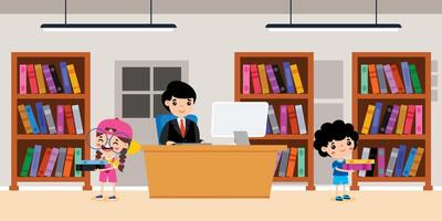 Kids in a library engaged with books vector