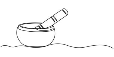 Singing bowl icon continuous one line drawing, Tibetan singing bowl with a wooden resonant stick vector