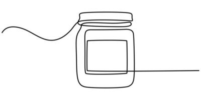 Glass canning jar in continuous line art drawing style. Food preserve. Minimalist black linear vector