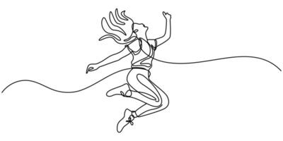 Happy jumping woman continuous one line drawing illustration vector