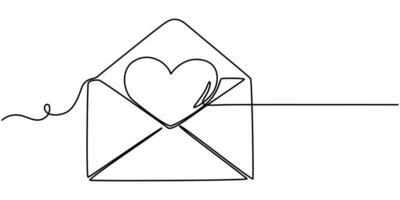 Continuous one line drawing of Paper envelope heart design. Paper mail simple outline illustration vector