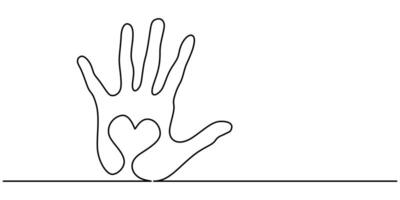 Group of volunteers make heart symbol with hands together at charity continuous one line drawing vector