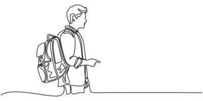 Continuous single one line drawing art of college campus student woman with bag backpack, Student girl vector