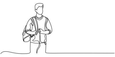 Continuous single line sketch drawing art of college campus student woman with bag backpack and stack books. Editable stroke vector