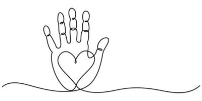Palm of Hand with Heart Continuous Line Icon, hand print with heart continuous one line drawing vector
