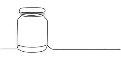 Glass canning jar in continuous line art drawing style. Food preserve. Minimalist black linear sketch on white background vector
