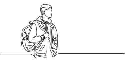 college campus student man with bag backpack continuous one line drawing, Transient Chalkboard, Student vector