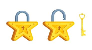Isometric Illustration of detailed star shaped locks with open and closed lock and key vector