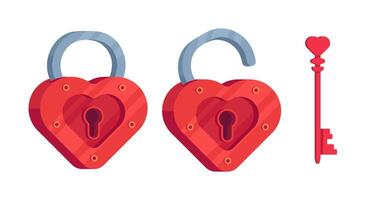 A flat isometric red heart-shaped lock with a key for it vector